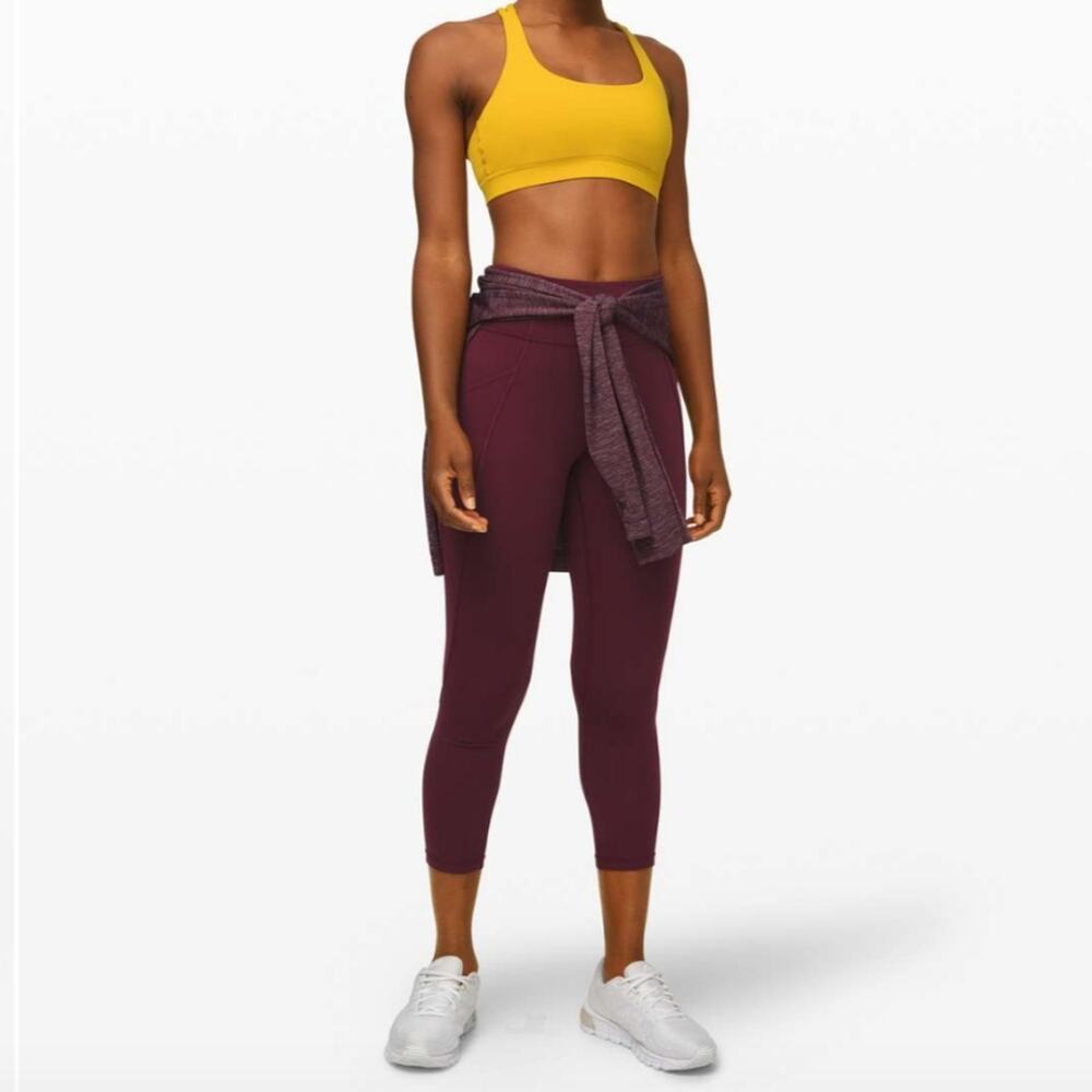 Lululemon Cropped Raw Hem Maroon Leggings Pocket Time to Sweat 4 - Picture 2 of 10
